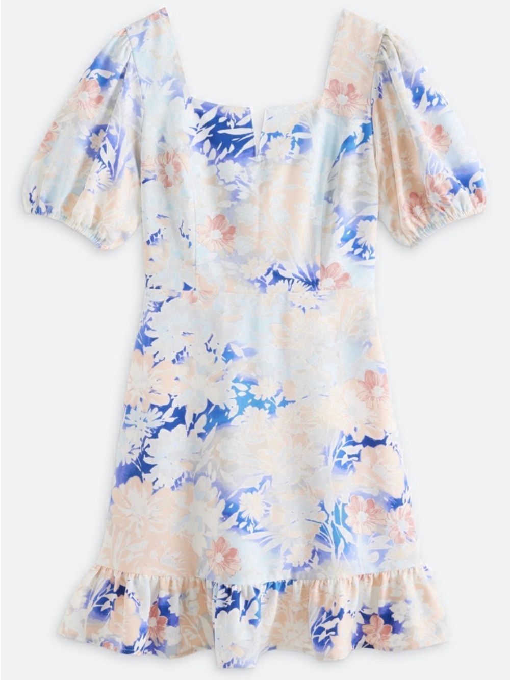 The Commons Floral Puff Sleeve Dress Blue Peach Ruffle Hem Pockets M